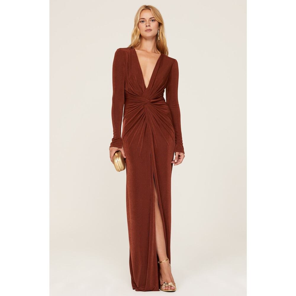 Katie May Sz Large Brown Twisted Waist V-Neck Long Sleeve Cut Out Cocktail Gown